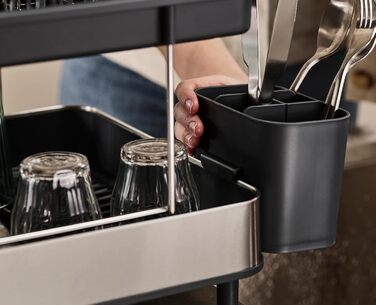 Сушарка для посуду Joseph Joseph Extend з нержавіючої сталі, висувна, компактна, з підставкою для столових приборів та поворотним зливом (2 яруси, сіра)