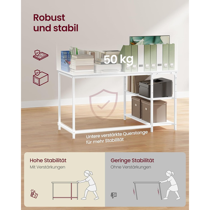 Кутовий стіл VASAGLE L-подібної форми з полицею, для офісу вдома, 120 x 80 см, Ahornweiß (без розетки)