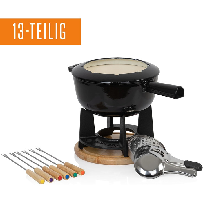 Фондю-сет з чавуну Mahlzeit на 6 осіб, 2 л, 13 предметів з пальником та виделочками | Для сиру, м'яса, шоколаду (чорний емальований)