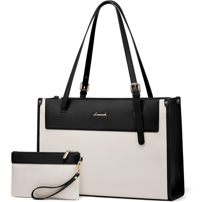 LOVEVOOK Сумка для ноутбука, жіноча велика водонепроникна сумка-шоппер з PU шкіри, для роботи, навчання, 15.6 дюймів (Чорний+бежевий)