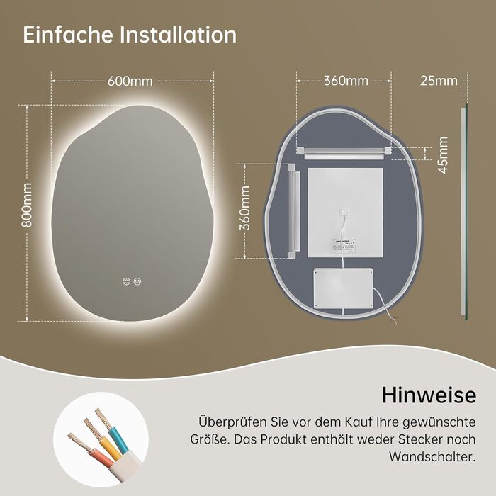 Дзеркало для ванної кімнати OUMUSU з підсвічуванням, арочне, без рами, 50x75 см. Антизапарник, сенсорне управління, регулювання яскравості, 3 кольори світла