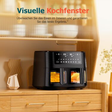 Фритюрниця повітряна з 2 камерами та скляним вікном, 9л, 9-в-1, сенсорний дисплей, кошики, що миються, антипригарне покриття, здорова фритюрниця без олії