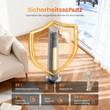 Електричний обігрівач з термостатом та ECO-режимом, 1500W, PTC керамічний, 4 режими, цифровий дисплей, таймер 12 годин, 35dB, срібний (74cm)