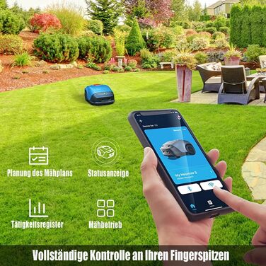 Робот-газонокосарка акумуляторна з Wi-Fi, Bluetooth і мобільним додатком, для газонів до 600 м², акумулятор 4400 мАг, станція зарядки, сенсор дощу, захист від крадіжки (синій)