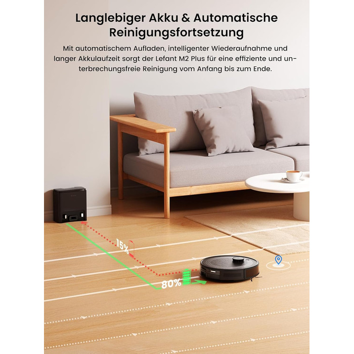 Робот-пилосос LEFANT M2 Plus з картографією, лазерною навігацією, 6000Pa, WiFi/App/Alexa, чорний