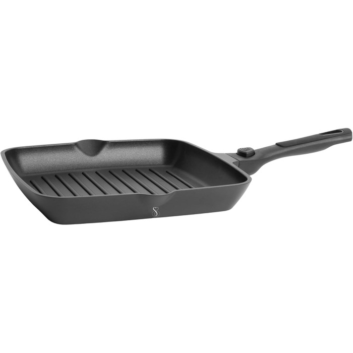 Квадратна сковорода-гриль Stone&Stone 28x28 см | Професійна сковорода для стейків | Німецьке антипригарне покриття GREBLON C3+ без PFOA | Знімна ручка | Підходить для індукційних, газових плит та духовки | Для приготування барбекю з щипцями 28 см