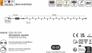 Професійний світлодіодний струнний світильник LEDZEIT 10 м, 100 теплих білих світлодіодів, розширюваний, міцний, для зовнішнього та внутрішнього використання