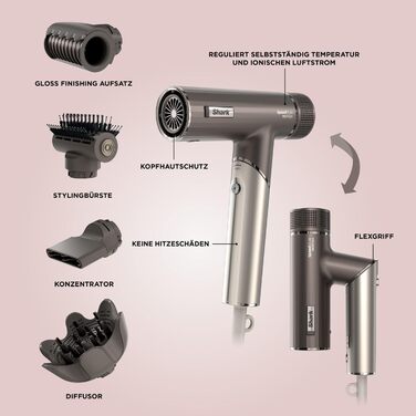 Фен Shark SpeedStyle Pro FLEX: потужний, з 4 насадками, для всіх типів волосся, Mocha Silver HD542EU