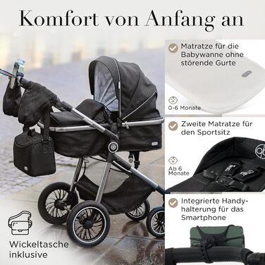 Дитяча коляска 3 в 1 з автокріслом та люлькою | Коляска для малюка з автокріслом, безпечний ремінь, легка оливкова | Без Isofix