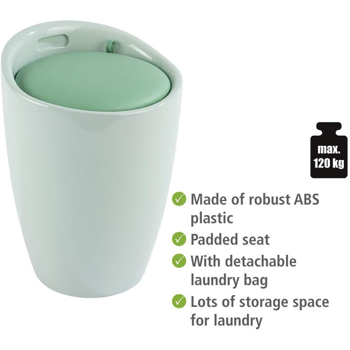 WENKO табурет для ванної кімнати Candy з місцем для зберігання та кошиком для білизни, ABS-пластик, 20 л, Ø 36 x 50,5 см
