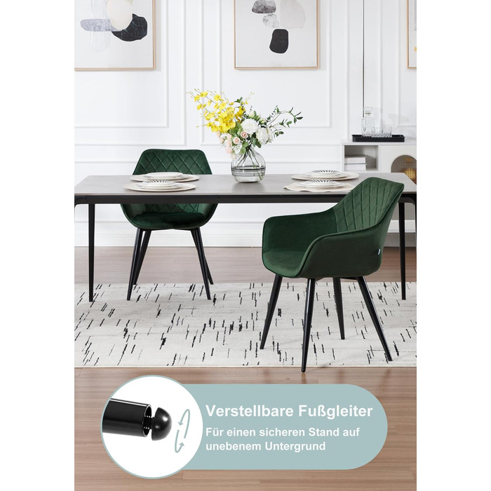 Набір з 2 стільців Woltu Esszimmerstühle: м'які крісла з підлокітниками для кухні, вітальні, обідньої кімнати, зелений велюр, металеві ніжки
