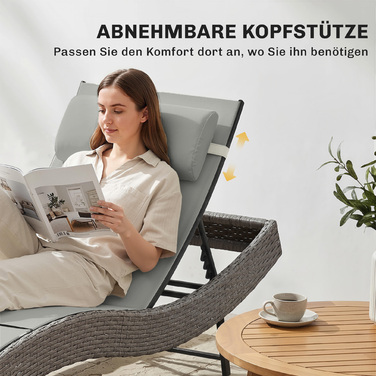 Шезлонг з ротангу Polyrattan S-подібної форми з 5-рівневим регулюванням спинки, підголівником, дихаючою тканиною та захистом від ультрафіолету.