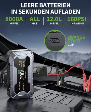 Powerbank для автомобіля AIMAPOW Starthilfe 8000A з компресором та LED-ліхтарем, 27000mAh, 160PSI, для бензинових та дизельних двигунів (до 12.0L)
