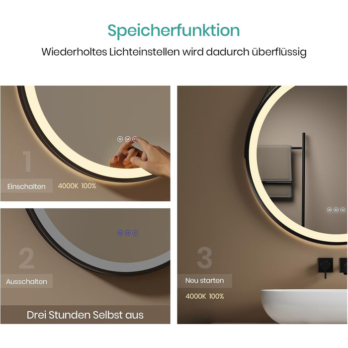 Дзеркало для ванної кімнати EMKE з підсвічуванням, діаметр 50 см, чорний каркас, регульована яскравість, 3 кольори світла, антизапар, сенсорне керування, функція пам'яті