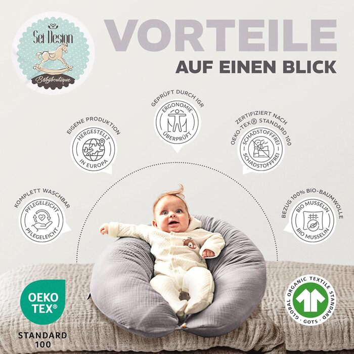 Подушка для вагітних та годування sei Design XXL (190x35 см), ергономічна подушка для сну з чохлом з біо-бавовни муслін, колір тауп