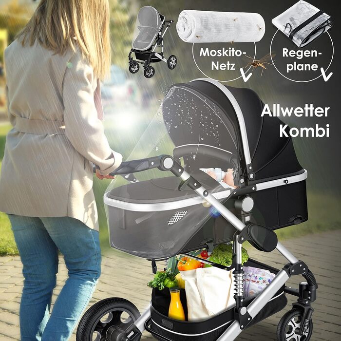 KESSER® Loops: Коляска 3-в-1 для дітей з люлькою, автокріслом та прогулянковим блоком. Комплект включає: автокрісло, люлька, прогулянковий блок, візок, колеса з повним покриттям, сумка для підгузків, дощовик, столик для дитини. Відповідає стандарту ECE R1