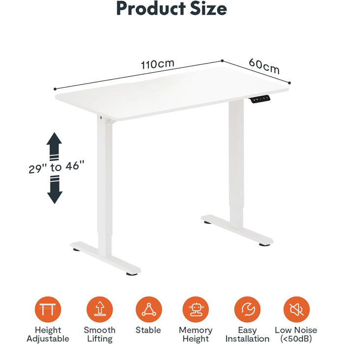 Електричний стіл 110 х 60 см зі стільницею (з гачком/тримачем для пляшок), стоячий стіл, регульований по висоті стіл зі стільницею, функція пам'яті, для домашнього офісу (Білий) 110x60см Білий