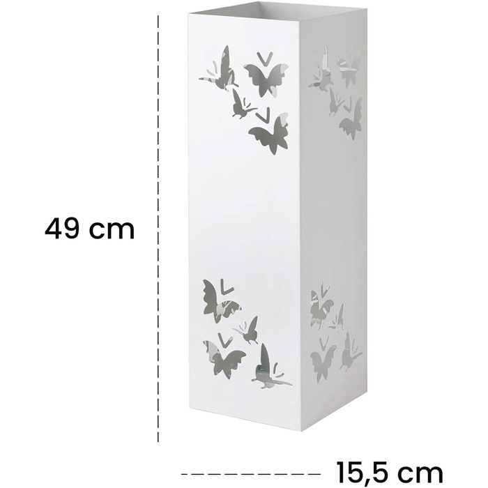 Підставка для парасольок прямокутної форми металева з ясенем метелика, 15,5х15,5х49 см, з внутрішнім гачком і знімною дощовою мискою, кольорова (біла)