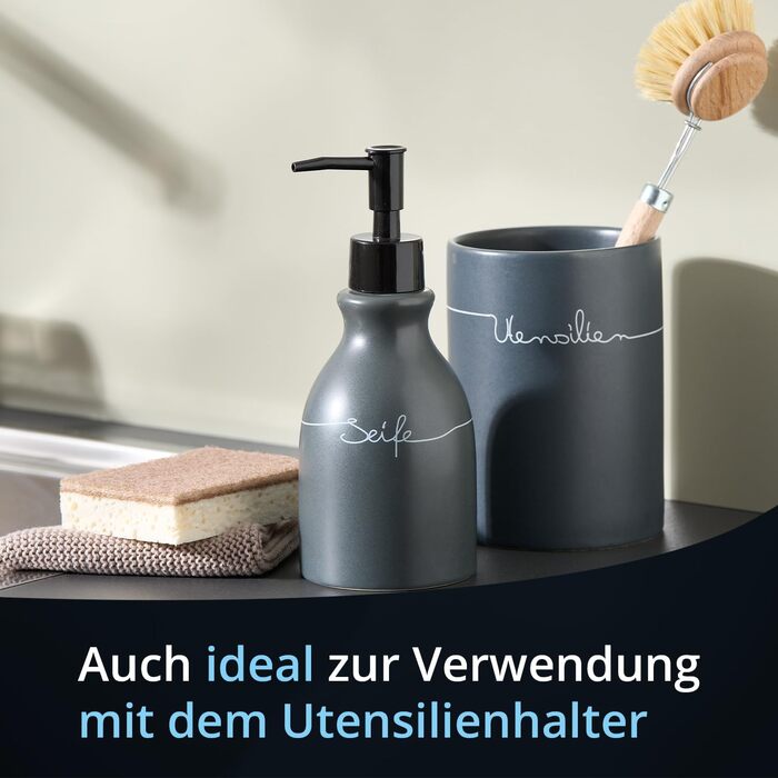 Контейнер для зберігання KHG, кераміка, антрацитовий сірий колір, з дерев'яним кришкою, 4 кг, круглий, з маркуванням, висота 28/21.5 см (дозатор мила)
