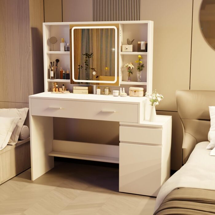 Дзеркало для макіяжу JUMMICO з LED-підсвічуванням, регульована яскравість та колірна температура, органайзер, туалетний столик з ящиками та регульованими полицями, 110x40x140 см