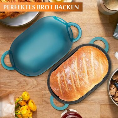 Форма для випікання хліба з кришкою Gusseisen, 23 см, емальована чавунна форма, 2.75 л, для випікання хліба, жаровня з кришкою, сумісна з духовкою (перехідний колір блакитно-зелений)