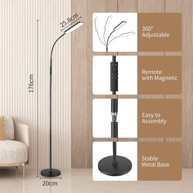 Торшер LED BBHome 10 Вт, з регулюванням яскравості, 4 колірні температури, сенсорне та дистанційне керування, таймер, чорний