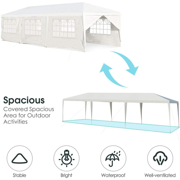 Садова альтанка KOMFOTTEU 3x9 м, шатро з 8 бічними стінками, намет з навісом з металевим каркасом, пивний намет із захистом від ультрафіолету, шатро для вечірки, весілля, білий