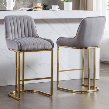 Набір з 2 барних стільців з велюру з золотистими металевими ніжками, з підлокітниками, для кухонного острова/домашнього бару, сірий