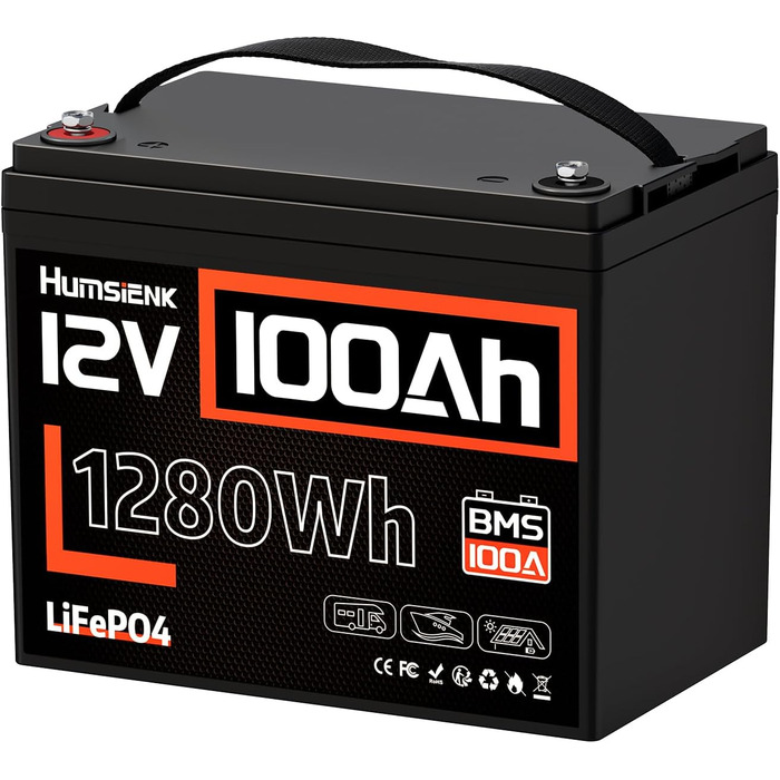 Акумулятор LiFePO4 HumsiENK 12V 100Ah, вбудований BMS на 100А для будинків на колесах, човнів, тролінгових двигунів