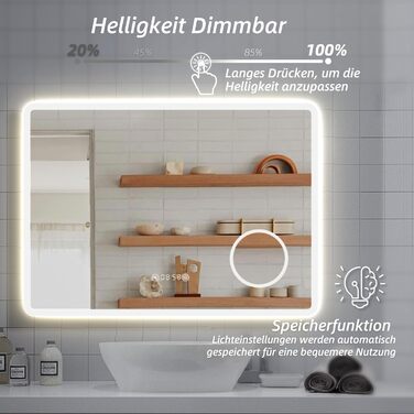 Дзеркало для ванної кімнати HySail з підсвічуванням, 5 мм, високоякісне срібне дзеркало, 3 колірні температури та регульована яскравість, настінне дзеркало з сенсорним вимикачем та захистом від запотівання, прямокутне (3 кольори + регулювання + дзеркало д