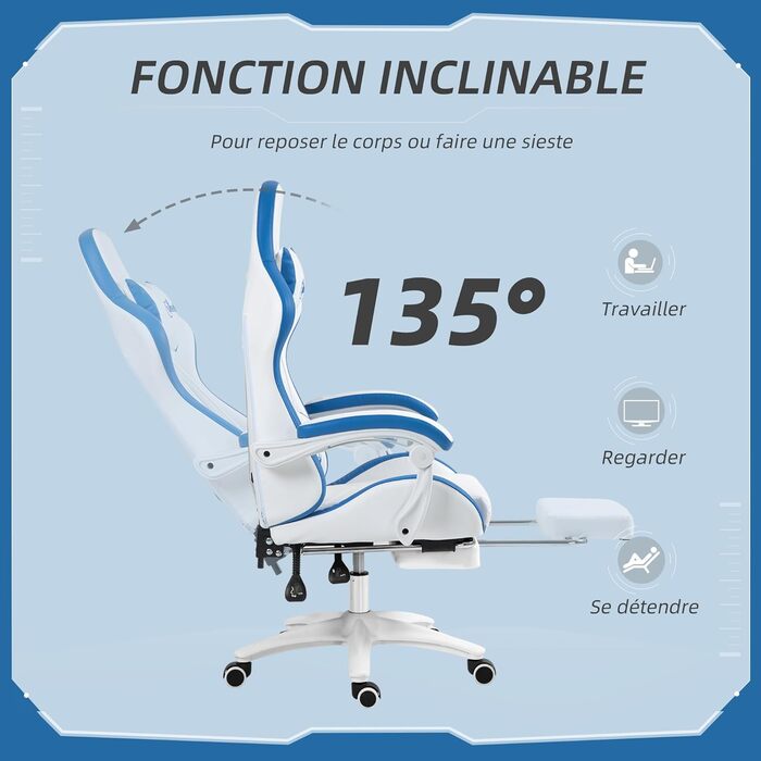 Крісло ігрове Vinsetto Ergonomic з регульованою підніжкою, спинкою 135°, підголівником та поперековою підтримкою, поворотне на 360°, PU шкіра, білий/сірий