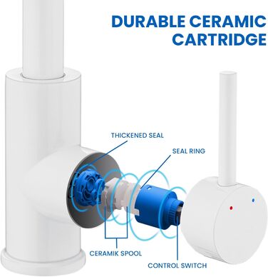 Змішувач для ванної кімнати/кухні Auralum з поворотним гусаком 360°, з високоякісної латуні, з підключенням 60 см, однорідний змішувач (білий)