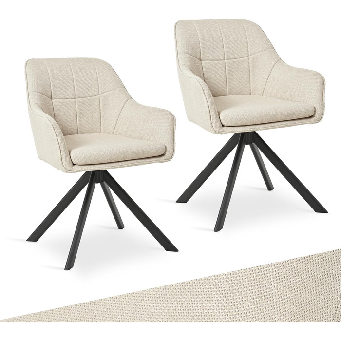 Набір з 2 обертових стільців для їдальні/кухні, бежевий, з підлокітниками, поліестер, металеві ніжки