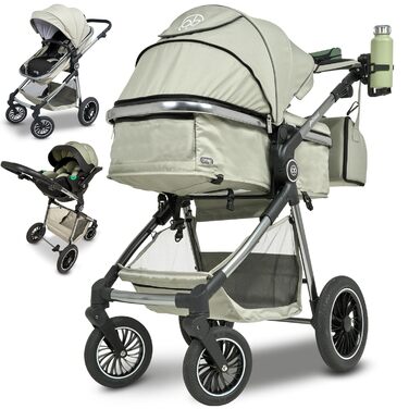 Дитяча коляска 3 в 1 з автокріслом та люлькою | Коляска для новонароджених з 5-точковим ременем безпеки | Кольори: світло-оливковий