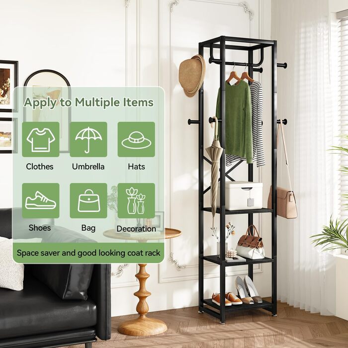 Підставка для одягу IBUYKE, вішалка для одягу з 3 полицями та 8 гачками, індустріальна вішалка для передпокою, коридору, спальні, природа та білий, TMJ088R, Природний та Білий (180 x 40 x 30 см, Чорний)