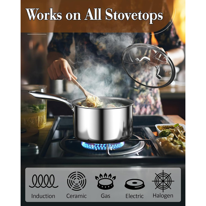 Набір каструль та сковорідок Cook N Home з нержавіючої сталі (7 предметів), склокришки, індукційне дно, придатний для миття в посудомийній машині, срібний