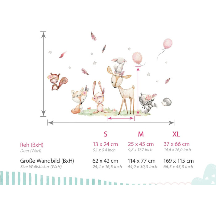 ДИТЯЧА КІМНАТА настінне татуювання лісові тварини набір наклейка на стіну олень кролик лисиця дитяча кімната наклейка на стіну повітряна куля дитяча кімната прикраса стін DK1098-4 XL - 169 х 115 см (ШхВ)
