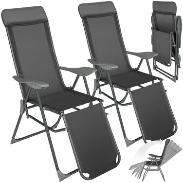 Набір з 2 шт. лежаків для відпочинку Tectake® з алюмінію, садова мебель, 5-позиційна спинка, підставка для ніг, легкі та складані, крісло-релакс з підголовником, для саду, балкону, кемпінгу - антрацит