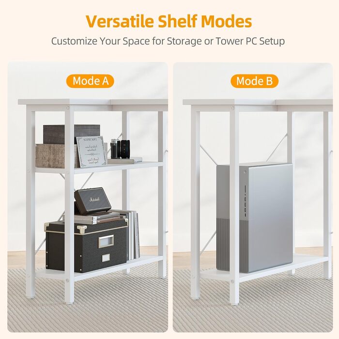 Кутовий стіл BEXEVUE для геймінгу та роботи, 120x70 см, з полицями, білий