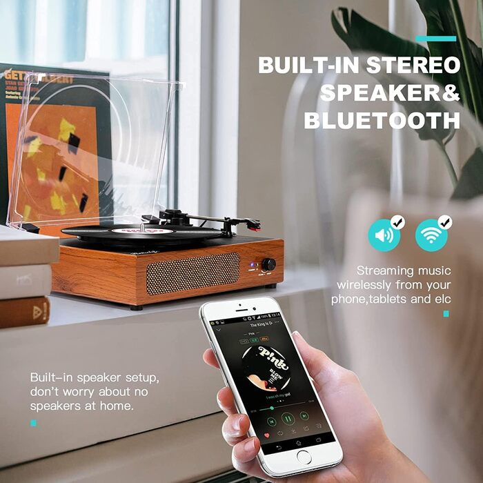 Програвач вінілових платівок із Bluetooth, вбудованими стереодинаміками, ремінним приводом, ретро, жовтий