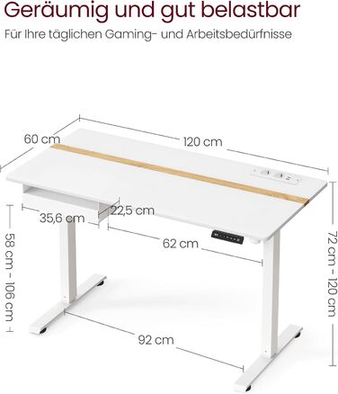 Електричний регульований стіл VASAGLE 120x60 см, білий + горіховий, з пам'яттю висоти, з розетками та ящиком