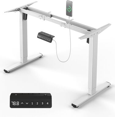 Електричний стіл з регулюванням висоти, металевий каркас з USB-C, пам'ять, антиколізійна система, 2 мотори, білий