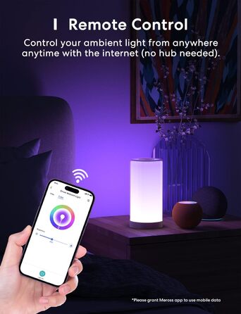 Приліжковий світлодіодний світильник Meross Wi-Fi, сумісний з Apple HomeKit, Alexa, Google, dimmable, RGBCW, Touch.