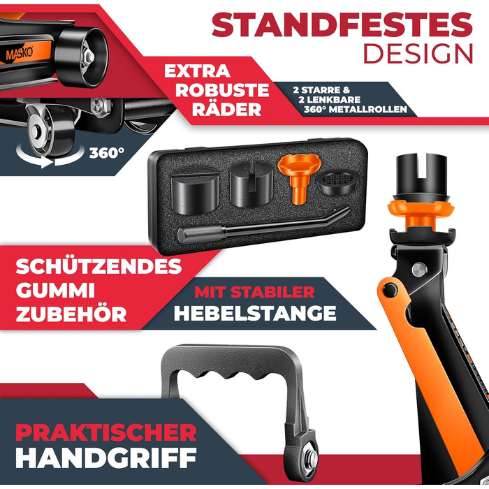 Гідравлічний домкрат MASKO 3T з низьким профілем 85-460мм, 3 гумові накладки, для автомобілів SUV, 360° колеса, рукавички в комплекті, підставка для ремонту (до 2.5 тонн, помаранчевий)