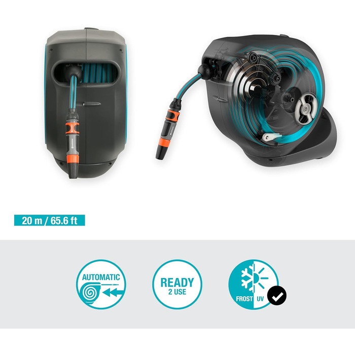 Шланг садовий Gardena RollUp M (бірюзовий) 20м: гнучкий, з поворотним барабаном, з кріпленням для стіни, з розпилювачем та 20м шлангу