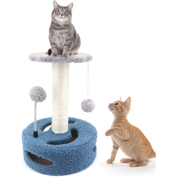 Котяче дерево MoYouno з квіткою, котяче дерево, маленьке котяче дерево для домашніх кішок, меблі для кішок, Тренажерний зал для кошенят, з інтерактивними іграшками для кішок, що звисає м'яч, 26 х 20 х 35 см синього кольору