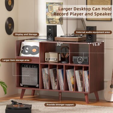 Стійка для платівок з полицею для зберігання, підставка для програвача, органайзер для вінілових платівок на 450 альбомів, полиця для музичної кімнати та вітальні (горіх)