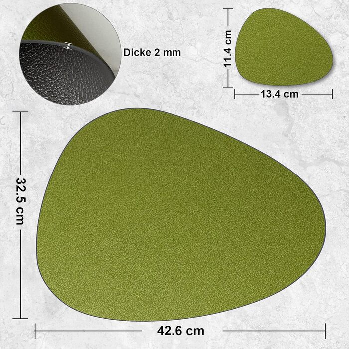 Набір з 6 підставників під тарілки, водонепроникні, з підставками, двосторонні, з імітацією шкіри, для обіднього столу, кухні, ресторану та дому (6 шт, зелений&сірий)