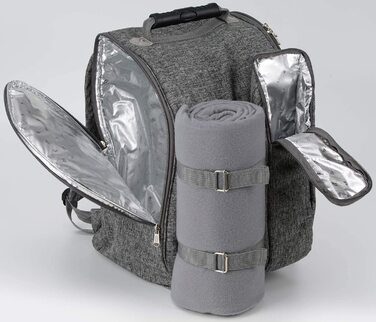 Рюкзак для пікніка на 2 особи BruBaker сірий, 28x40x22 см з термокишенею, ізольованим утримувачем для пляшок та флісовою ковдрою з водонепроникним дном