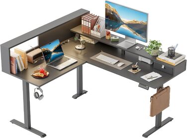 Електричний кутовий стіл Klicelor з регулюванням висоти, L-подібний стіл для стоячи роботи з 3 функціями пам'яті та антиколізійною технологією, ергономічний комп'ютерний стіл, білий (160 x 140 см) з LED-підсвічуванням та штекером